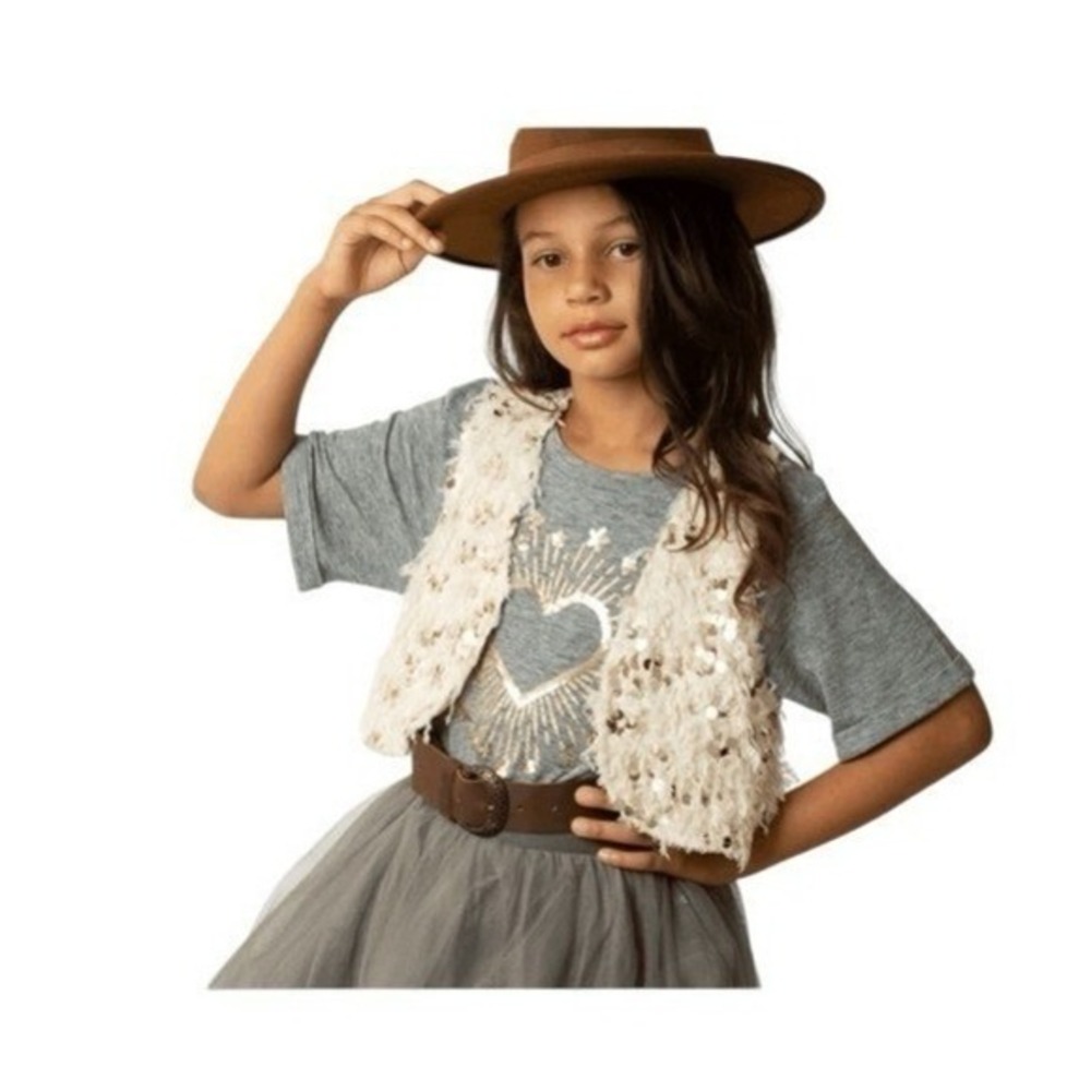 Joyfolie Girls Meike Vest Cream Satin‎ Feather Sequin Open Front Cropped L